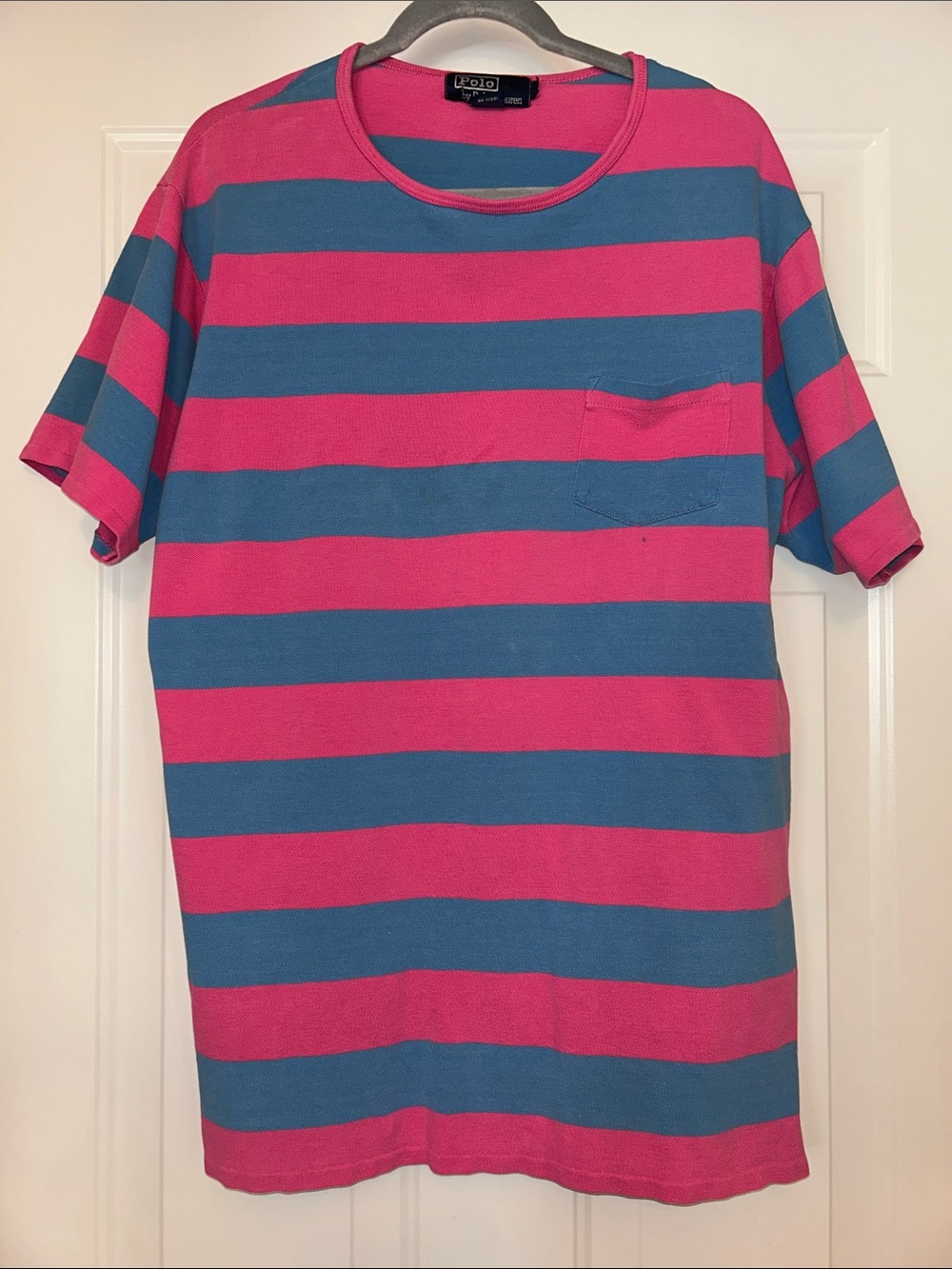 Ralph Lauren Striped Short-Sleeve Pocket Tee L Pink Blue Cotton USA Made